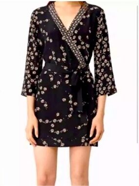 All Saints Silk Kimono Black Floral Wrap Mini Dress with Contrast Trim Size 4